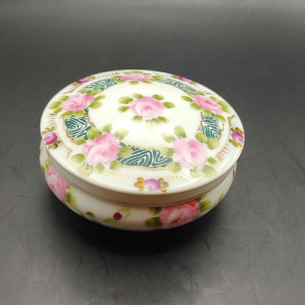Nippon Hand Painted Floral Lidded Powder Jar Gold Trim Accents Vintage Stamped
